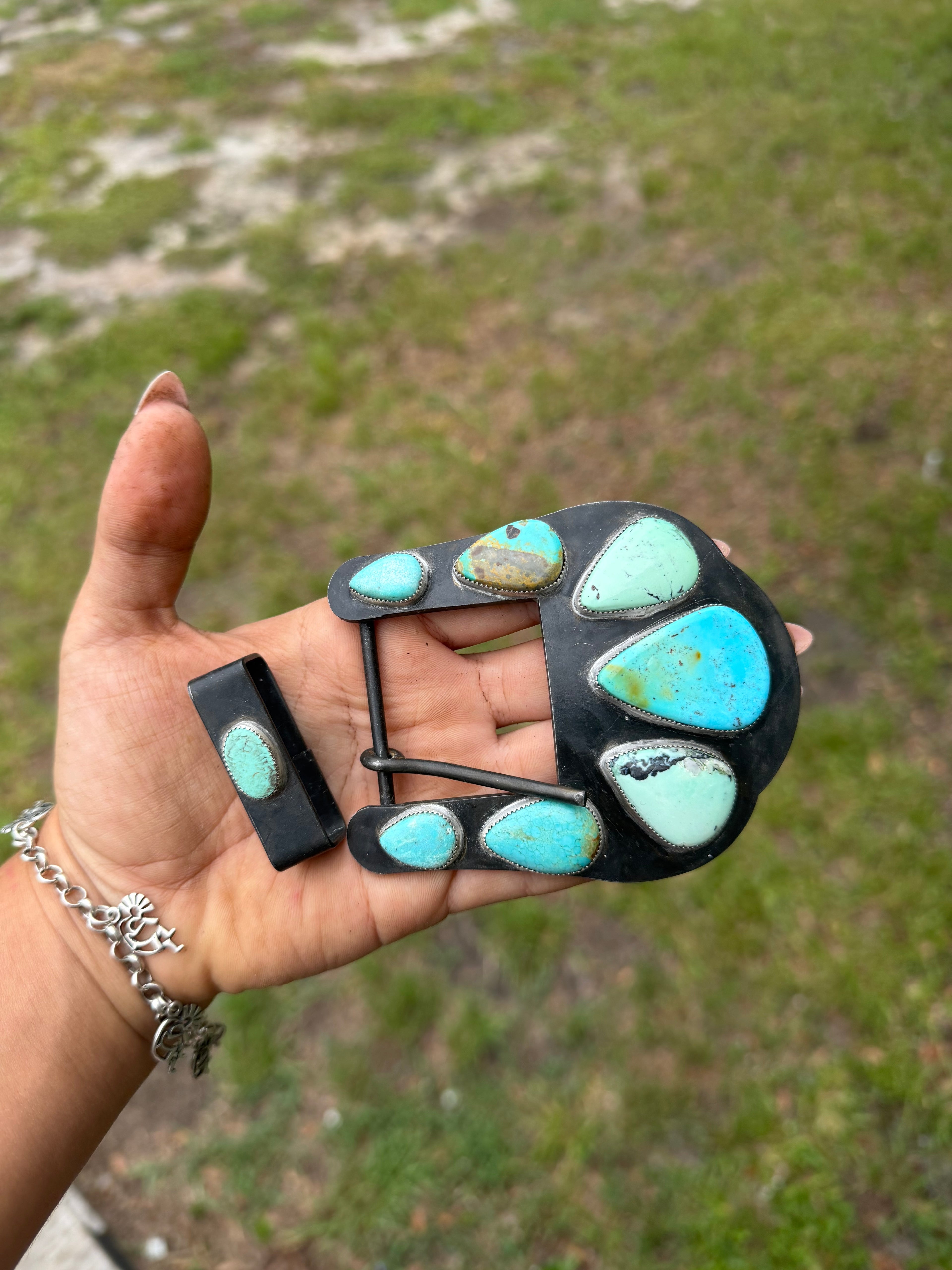 Turquoise and Variscite Steel Buckle