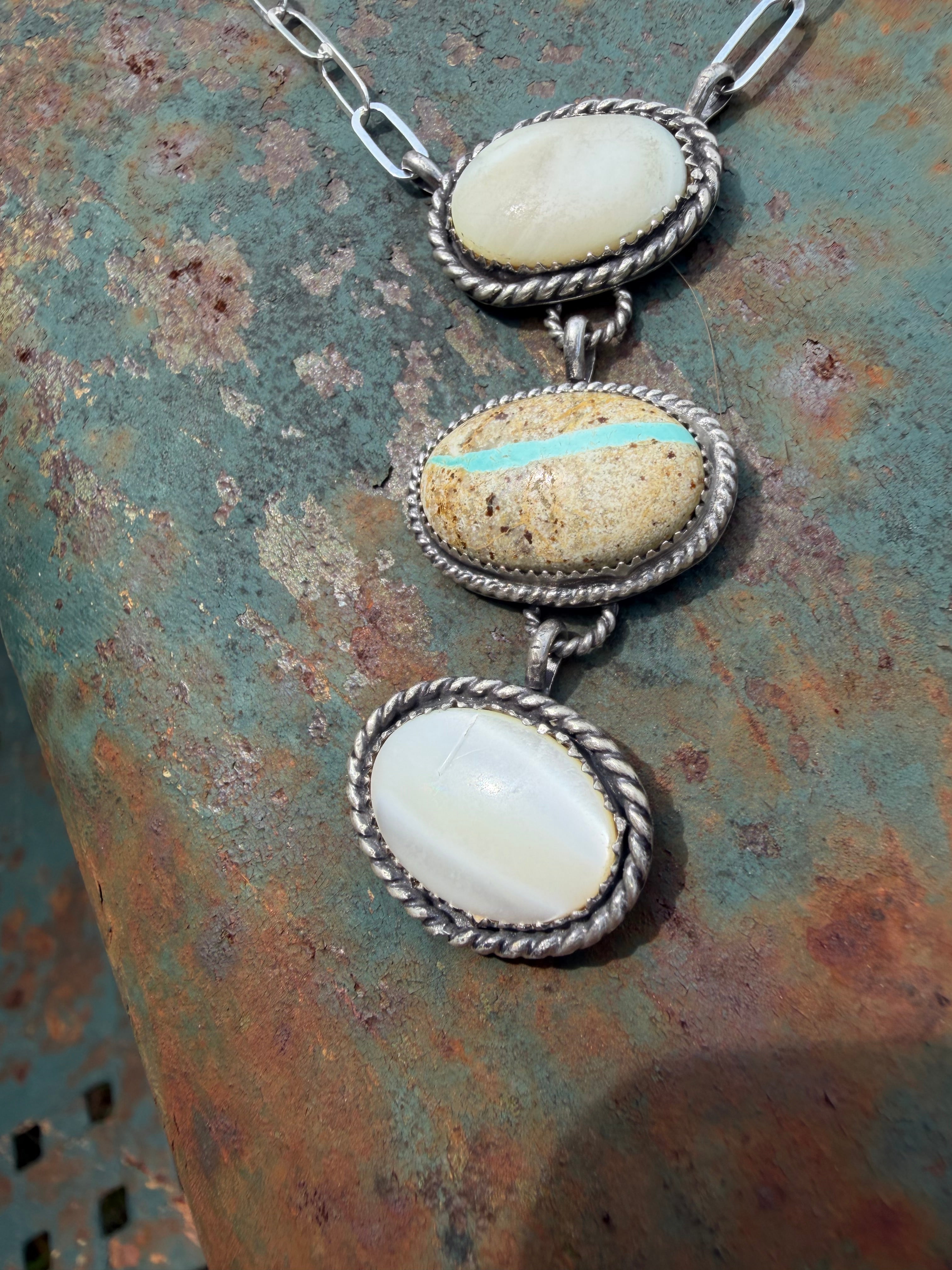 Mother of Pearl and Royston Ribbon Lariat Necklace