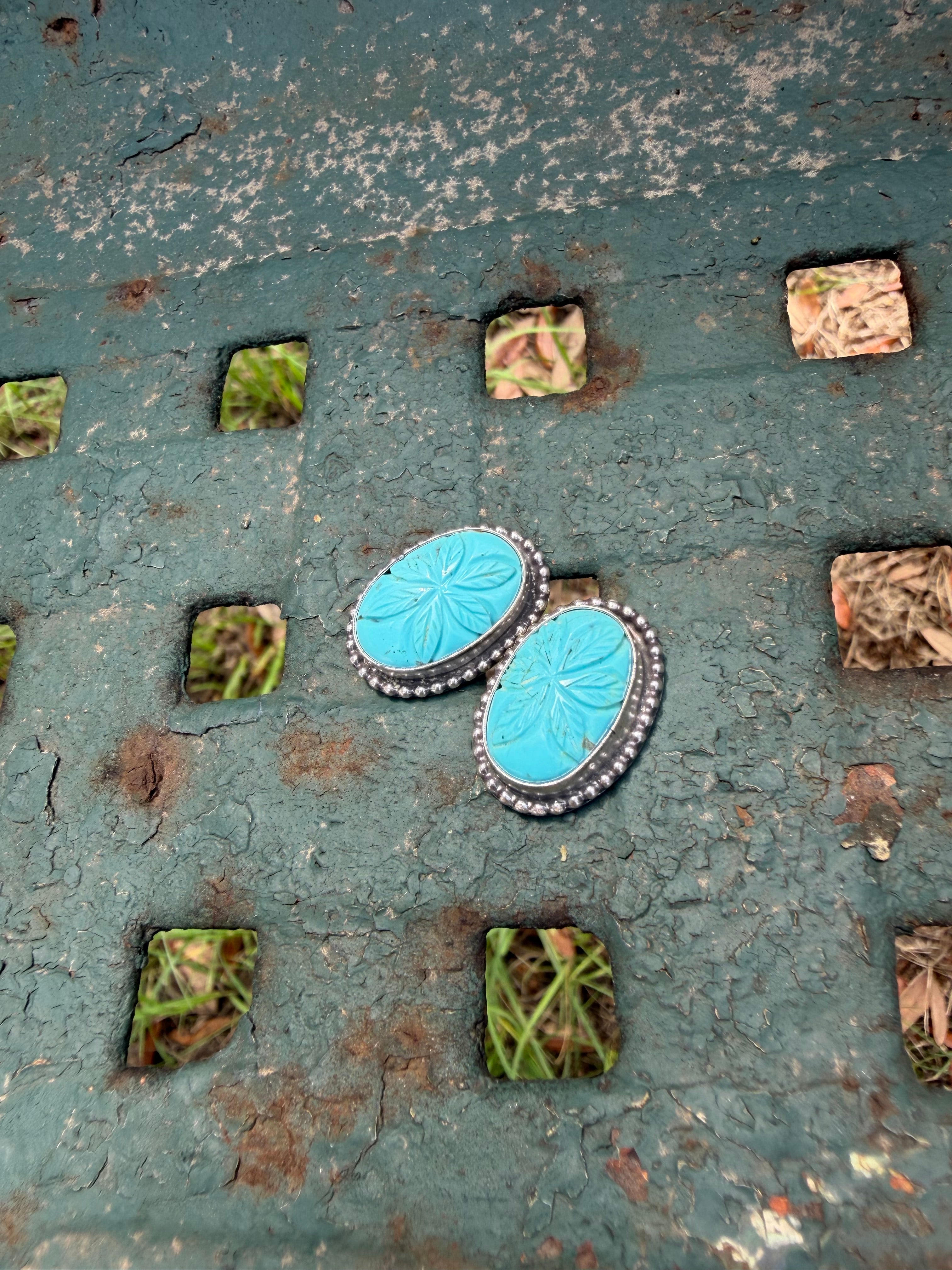 Hand Carved Persian Turquoise Studs